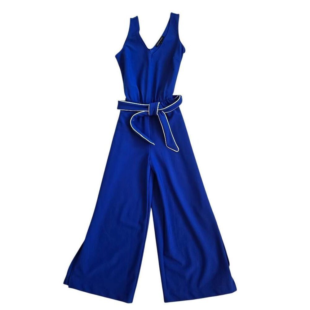 Boston Proper Womens V-Neck Belted Sleeveless Wide Leg Jumpsuit Blue Size XS - Picture 2 of 12